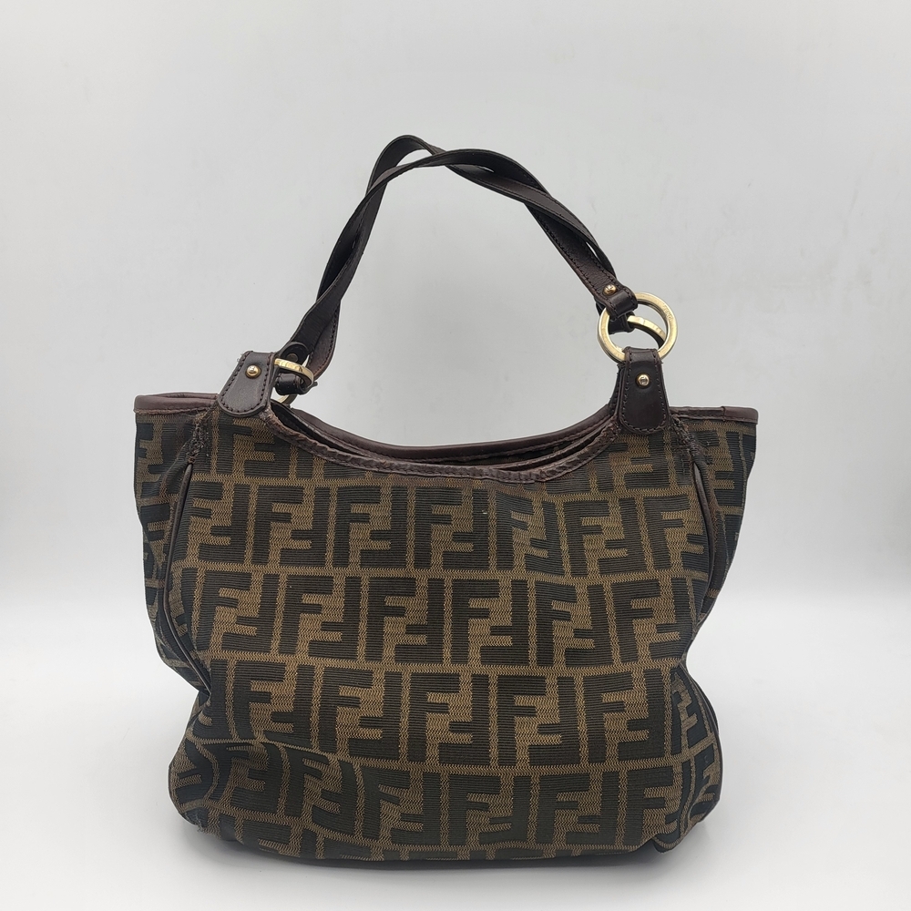 FENDI Shoulder Bag Brown Black Zucca Canvas Leather Authentic..